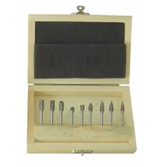 This 9-piece double-cut carbide bur set features 1/4" head diameters and 1/8" shanks. Double-cut geometry provides efficient material removal and smoother finishes. Suitable for deburring, shaping, and finishing metal, wood, and plastic in fabrication and maintenance tasks.