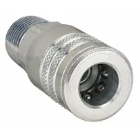 Steel quick-connect air coupling body with 1/4"-18 male thread and sleeve locking type. Designed for pneumatic air-line connections in industrial interchange systems. Body size 3/8 in, hose fitting size 1/4 in