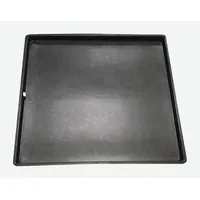 Black plastic condensate drain pan measuring 38 inches long by 38 inches wide by 2 inches deep. Features a long side discharge for directing condensate to a drain line. Used in HVAC systems to collect condensate and prevent water damage