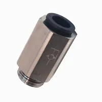 BSPP male thread to push-to-connect adapter for 1/8 in pipe and 5 mm OD tubing. Made of nickel-plated brass in silver finish. Used in pneumatic and fluid systems for quick, secure connections