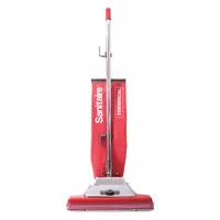 This corded upright vacuum features a 16-inch cleaning path and 145 cfm air flow. It uses a standard bag and a brushed motor, with 6-position head height adjustment for varying carpet depths. The removable fan chamber simplifies maintenance. Suitable for cleaning medium-pile carpets and hard floors in commercial and industrial settings