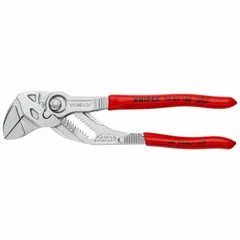 Flat-jaw tongue and groove pliers with push-button adjustment for quick, secure sizing. Features 15 jaw positions and a maximum jaw opening of 1 3/8 in. Overall length of 7 1/4 in. Suitable for gripping nuts, pipes, and fittings in plumbing and mechanical assembly.