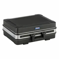 This plastic tool case features a hinged lid with a combination lock for secure closure. It is suitable for storing and transporting tools and equipment in workshops, job sites, and industrial environments. The case measures 16 3/8 inches wide by 11 inches deep by 19 1/2 inches high and is finished in black.