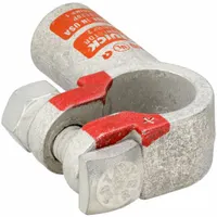 Crimp-style battery terminal for 2/0 gauge cable with right-elbow alignment and positive polarity. Features tin-plated copper/tin contact material and orange color code. Used in heavy-duty electrical systems for connecting cable to battery posts in confined spaces