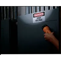 Adhesive-mounted danger high voltage warning signs supplied in an 8-pack. Non-retroreflective, non-glow-in-the-dark, with no anti-slip surface. Suitable for indoor or sheltered electrical safety applications where standard visibility is sufficient