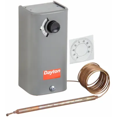 Dayton Tstat Mekanis Tegangan Jalur: -30° hingga 90°F, Baja, Tetap, 3°F - Indoor Single-Stage Controls