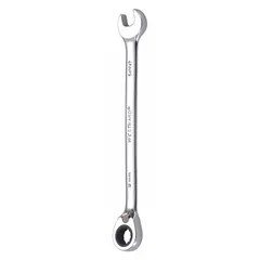 This 9 mm metric 12-point ratcheting combination wrench features a chrome finish and an offset design. The 12-point box end provides ratcheting action for use in confined spaces. Overall length is 5 7/8 inches. Suitable for tightening or loosening fasteners in automotive, mechanical, and industrial maintenance applications.