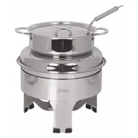 This SPRING USA soup station is a 6-quart chafer made of stainless steel with a silver finish. It features a hinged lid attachment and measures 13 5/8 inches wide by 16 1/2 inches high. Typically used in buffet or catering settings to hold and serve hot soup
