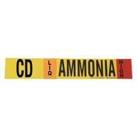 Ammonia adhesive pipe marker for identifying liquid (LIQ) phase piping at high pressure in industrial refrigeration systems. Fits pipes with outside diameter 8 inches and larger. Supplied without directional arrows. Includes one pipe marker per unit. IIAR system abbreviation: CD