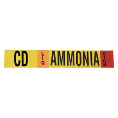 Ammonia adhesive pipe marker for identifying liquid (LIQ) phase piping at high pressure in industrial refrigeration systems. Fits pipes with outside diameter 8 inches and larger. Supplied without directional arrows. Includes one pipe marker per unit. IIAR system abbreviation: CD.