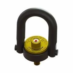 This force-indicating pivot and rotate hoist ring from JERGENS is designed for lifting and pulling applications where visual load monitoring is needed. It features a black oxide-coated steel construction with a 1/2"-13 thread size and a maximum capacity of 2,500 lb. The integrated indicator provides a visual reference of the applied load during use.