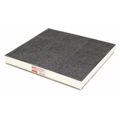 Carbon filter rated for acid vapors, with overall dimensions of 18 in width, 18 in depth, and 1 3/4 in height. Designed for use in ductless fume hoods to adsorb chemical contaminants and maintain air quality in laboratory ventilation enclosures.