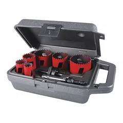 Bi-metal hole saw kit with 5/6 teeth per inch and 1 15/16 in maximum cutting depth. Suitable for cutting holes in wood, metal, and plastic for electrical, plumbing, and HVAC installations.