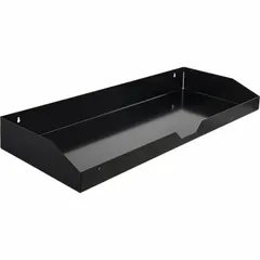 This steel tray, finished in black, measures 35 inches in length and 4 inches in overall height. It is designed for use with truck boxes to organize tools and parts, keeping them separated and accessible within the vehicle.