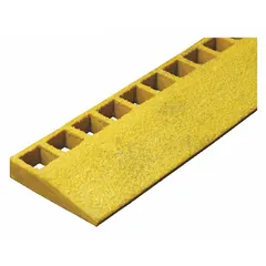 Fiberglass grating ramp accessory for molded and pultruded grating platforms. Provides a transition surface for wheeled or foot traffic, bridging height differences to allow smooth access. Suitable for industrial environments requiring corrosion resistance.