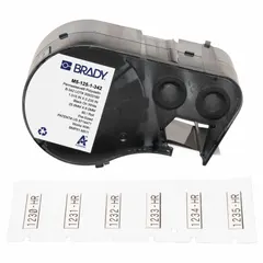 This precut sleeve label roll cartridge contains polyolefin heat-shrink sleeves in white matte finish, sized 1 in x 1/4 in. Designed for wire gauges 16 AWG to 22 AWG, it is compatible with the M510 printer series. Used for permanent identification of wires and cables in electrical panels, machinery, and control systems.