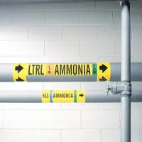 Ammonia wrap-around pipe marker for LIQ/VAP low-pressure systems. Fits pipe O.D. 2-1/2 to 7-7/8 in. Includes arrows for flow direction. IIAR System Abbreviation LTRS. Used to identify ammonia piping in industrial refrigeration and process systems