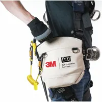 White canvas pouch with zipper closure, 10 in height, 5 lb capacity. Designed for transporting sleever bars and small parts. The container itself serves as a tethering component for tool security on job sites
