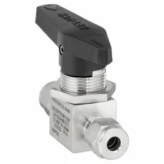 Stainless steel straight-body ball valve with compression x compression connections and lever handle. Used for on/off flow control in industrial fluid systems. Suitable for applications requiring corrosion resistance and leak-tight shut-off.