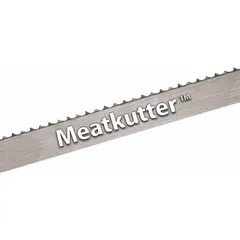 This hook-tooth blade is designed for cutting fresh meat and frozen food in industrial butchering and food processing applications. It features a 118 in length and 5/8 in width, with a hook cutting edge optimized for clean cuts through bone and frozen product.