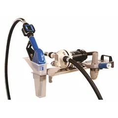 This drum-mount pump system is designed for transferring diesel exhaust fluid (DEF) from drums. The kit includes a polypropylene pump, discharge hose, stainless steel nozzle, and digital meter. It operates on 12 V DC with a 1/10 hp motor and delivers a maximum flow rate of 8 gpm.