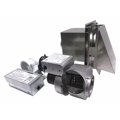 Pipe-mount exhaust draft inducer for natural gas furnaces. Operates on 115V AC, 1.26 A. Includes draft control. ETL Listed. For use with 4-inch vent pipe.