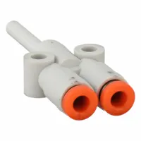 SMC push-fit wye fitting with three ports for 1/8 in OD tubing. Made of white polybutylene terephthalate. Used to split or combine tubing in pneumatic systems, suitable for small-bore applications in automation and industrial controls