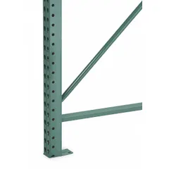 This STEEL KING upright frame is a vertical support for teardrop pallet rack systems, designed for impact resistance in industrial storage environments. Constructed from steel with a green finish, it measures 16 ft overall height by 42 in x 3 in. The frame accommodates beam connections for organizing heavy palletized loads.
