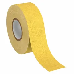 This medium traffic antislip tape is a solid yellow continuous roll, 2 in x 60 ft, with a 30 mil thickness. It features a coarse 60-grit abrasive surface, pressure-sensitive adhesive, and chemical-resistant rubber construction. Suitable for indoor and outdoor use on stairs, ramps, walkways, and industrial floors to reduce slip risks.