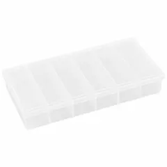 Clear plastic compartmented box with six fixed dividers, each compartment measuring 1-1/4 in x 4 in. Suitable for organizing and storing small components such as fasteners, beads, or craft supplies in workshops, garages, or hobby areas. Not electrostatic discharge conductive.
