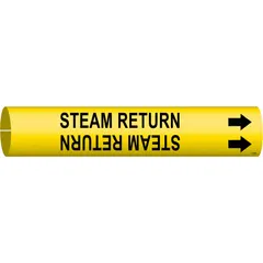Snap-on pipe marker for identifying steam return lines in industrial piping systems. Yellow background with black legend text. Fits pipe outer diameters from 1-1/2 to 2-3/8 inches. Includes directional arrows. Supplied as a single marker.