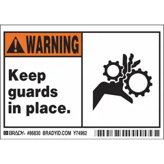 Polyester adhesive signs reading 'Keep Guards In Place.' Each sign measures 3 1/2 in x 5 in nominal size, 0.01 in thick. Not retroreflective or glow-in-the-dark. Supplied in a 5-pack for mounting on equipment or machinery in industrial settings.
