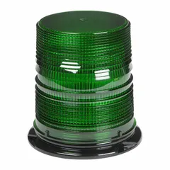Green LED vehicle beacon with round shape and screw mount. Overall height 6 11/16 in, width 6 3/8 in. Operates on 12 to 24V DC and offers 12 selectable flash patterns. Connection via blunt cut wires. Used on construction, utility, and service vehicles for high-visibility warning signaling.