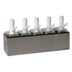This condiment bar features five compartments with a total capacity of 2.5 quarts, constructed from stainless steel. It includes jars with Ultra Pumps for dispensing condiments. With an overall width of 24 inches, it is suited for commercial foodservice settings such as cafeterias and fast-food restaurants.