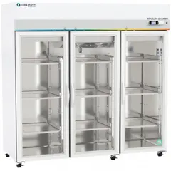 This stability test chamber provides controlled temperature and humidity conditions for environmental testing. It maintains temperature accuracy of ±0.1°C with uniformity of ±1°C, and humidity from 10% to 95%. The chamber has a 72 cu ft capacity and operates on 115 V AC. Typical applications include long-term storage simulation and accelerated aging studies for various products.