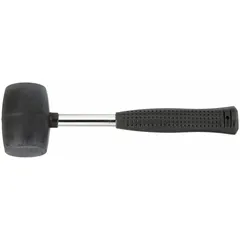 Round black rubber head mallet with a steel handle. Head weight 16 oz, diameter 2-1/4 in, head length 3-5/8 in, overall length 13 in. Used for striking surfaces without marring, suitable for assembly, woodworking, and metalworking tasks.