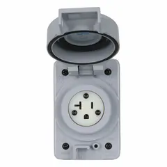 Single weather-resistant receptacle, type 5-20R, rated 125V AC, 20 A, 2 Pole / 3 Wire. Gray. Suitable for outdoor or damp industrial locations requiring a reliable power connection.
