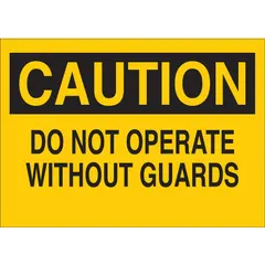 This adhesive caution sign warns personnel that machinery guards must be in place before operation. Made of polyester with a nominal size of 3 1/2 in x 5 in, it is not retroreflective and does not glow in the dark. The sign mounts directly onto equipment surfaces in industrial facilities to promote safety during maintenance or startup.