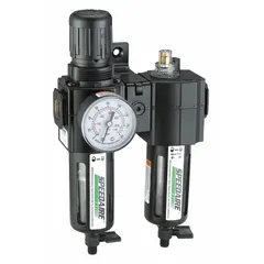 Combined filter, regulator, and lubricator unit for compressed air systems. Filters particulates to 40 micron, regulates pressure up to 150 psi, and lubricates downstream components. 3/8 in NPT ports, 60 cfm flow capacity. Used in industrial pneumatic lines to condition air for tools and actuators.