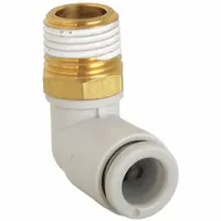 This SMC push-to-connect elbow fitting connects 6 mm OD tubing to a 1/8" BSPT threaded port. Made of brass with a white finish, it enables tool-free installation in pneumatic systems. Suitable for use in automation, packaging, and material handling applications
