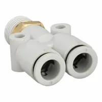 This wye fitting from SMC is configured as Tube x Tube x BSPT x NPT, with port sizes of 8 mm OD x 8 mm OD x 1/4 in Pipe x 8 mm Pipe. Constructed from polybutylene and brass, it is used to branch pneumatic tubing lines in industrial systems. The push-to-connect design allows tool-free installation