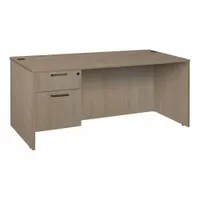 Double pedestal desk with particle board frame and desktop in Noble Oak finish. Includes one pedestal with two drawers and a modesty panel. Suitable for office or home workspace use for paperwork, computer tasks, and general administrative activities
