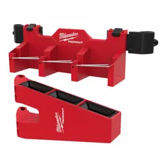 This tool holder attaches to PACKOUT rolling tool boxes to store and organize long-handled tools such as shovels, brooms, or pry bars. Made of impact-resistant polycarbonate in red, it measures 6 3/4 in W x 14 in H x 6 1/4 in L.