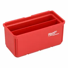 Red polymer bin with 6 dividers and 2 interior organization trays. Measures 8 in W x 8 in H x 4 in L. Used for sorting and transporting small parts, tools, and accessories in a modular storage system.