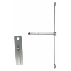 Aluminum surface vertical rod exit device with touchbar and thumbpiece pull. Designed for doors up to 3 ft wide, providing egress operation in commercial and industrial facilities.
