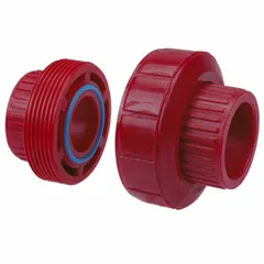 Schedule 80 pipe union made from UV-resistant polyvinylidene, with 1-1/2 in x 1-1/2 in female threaded connections. Red in color, meets ASTM D3222 standards. Used in industrial piping systems to connect two sections of pipe, allowing for easy disassembly and maintenance.