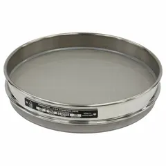 This test sieve has an 8-inch outside diameter and 1-inch height, with a stainless steel frame and stainless steel screen cloth. It meets AASHTO M92 standards and is used for particle size analysis of aggregates, soils, and other granular materials.