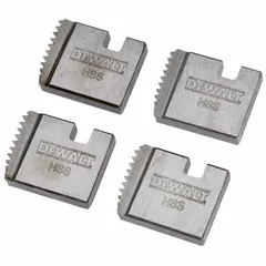 Pipe die set for threading 1 in stainless steel pipe with NPT threads. Designed for DEWALT handheld threading heads, producing right-hand threads. Suitable for plumbing and piping applications.