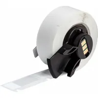White matte vinyl precut label roll for wire marking. Each label measures 1 1/4 in x 1/2 in and wraps around wires from 10 AWG to 4 AWG. Compatible with M611 printer series; requires M7-R4300 ribbon. Used for permanent identification in electrical panels, control cabinets, and industrial wiring installations