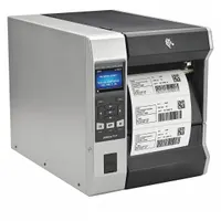 The ZEBRA ZT600 industrial printer (MPN ZT62063-T01A100Z) prints at 12 in/sec with a max print width of 6.6 in. It features tear-off dispensing and push-button controls. Connectivity includes wireless (WiFi) and Ethernet. This printer is suited for high-volume label printing in industrial environments such as manufacturing, logistics, and warehousing